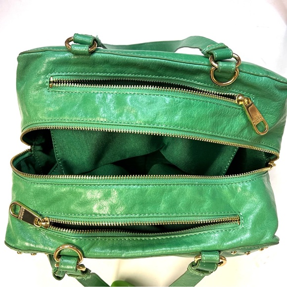 Badgley Mischka Nina Green Leather Studded Satchel Handbag - Picture 11 of 14